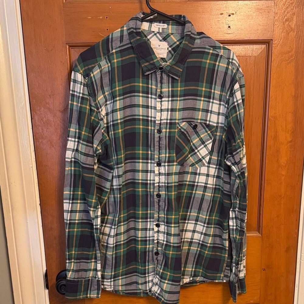 American Eagle Outfitters Men's Plaid Shirt - Navy, Green, White